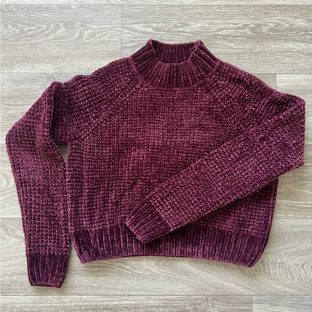 Burgundy Cropped Turtleneck Chunky Sweater